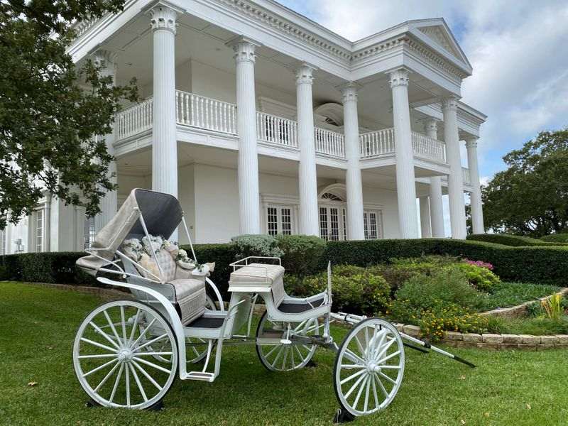 horse carriage outside white mansion