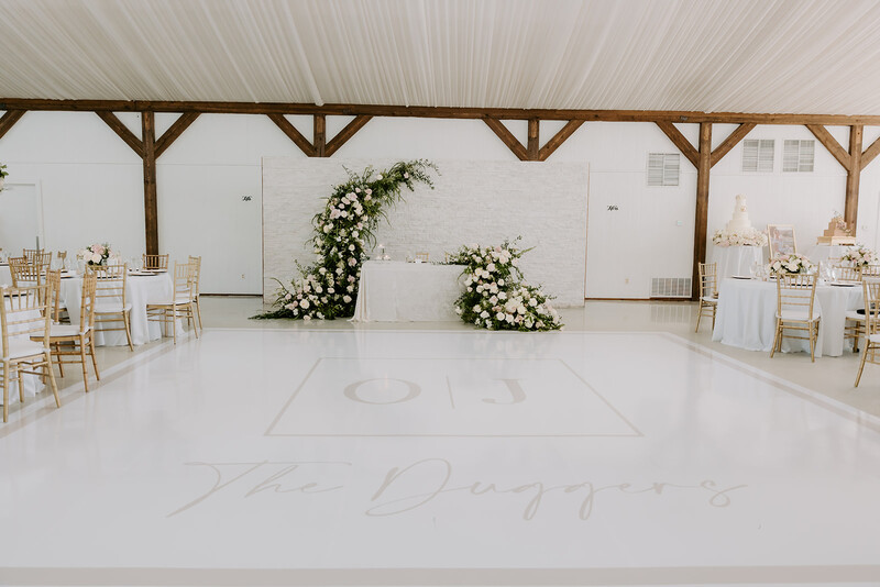 ball room with customized flooring for the bride and groom